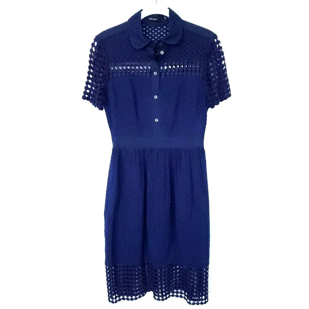 Karen Millen Womens Midi Dress US 4 Midnight Blue Lace Overlay Detail Collared